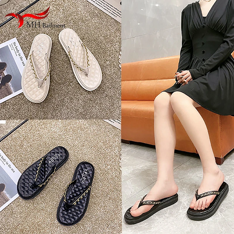 Summer Thick Bottom Slippers Fashion Open Toe Solid Color Flip Flops Women's Metal Chain Outdoor Casual Shoes Fashion Sandals