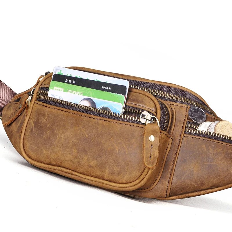 

Thick Real Leather Male Cross-body Sling Chest Pack Design Travel Cigarette Phone Case Pouch Travel Fanny Waist Belt Bag Men