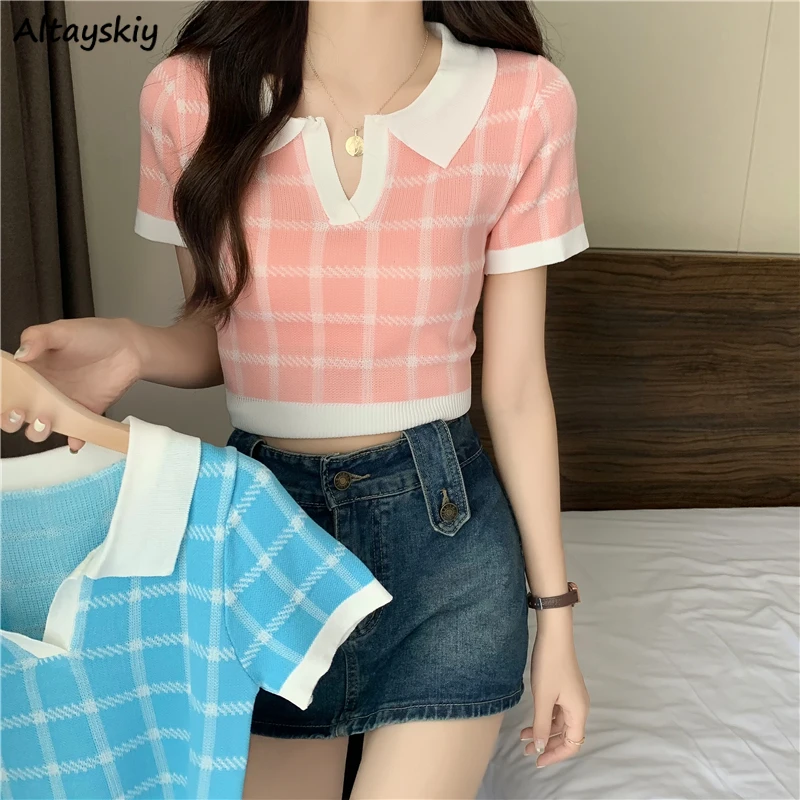 

Short Sleeve T-shirts Women Fashion Plaid Crop Tops Thin Summer Knitted Sweet Elegant All-match Female Students Harajuku Casual