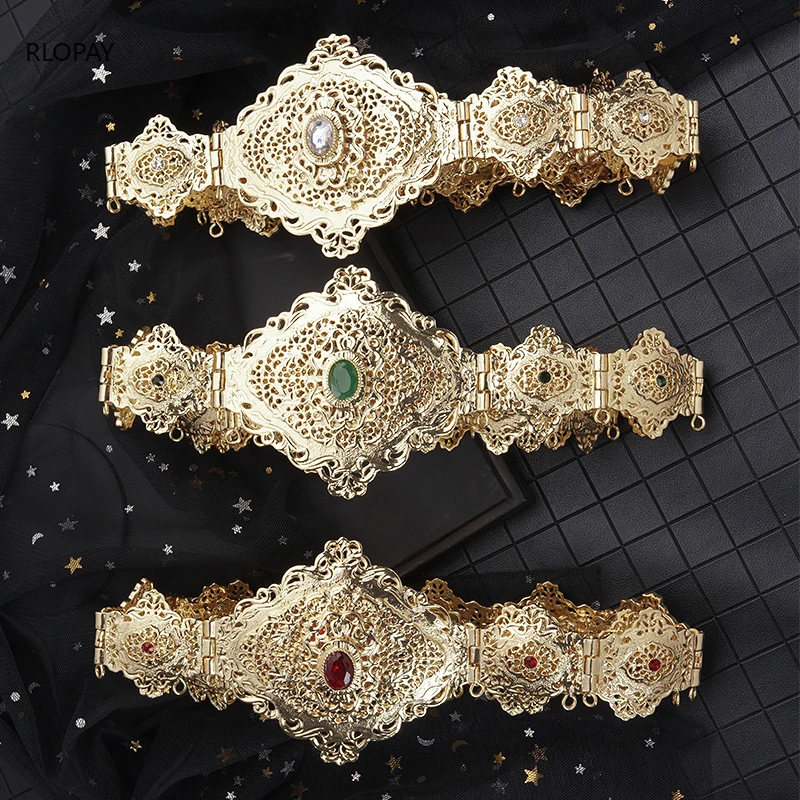 

Classic Moroccan Bridal Waist Chains with Full Rhinestones Turkish Robe Belts Gold Color Adjustable Kaftan Belts