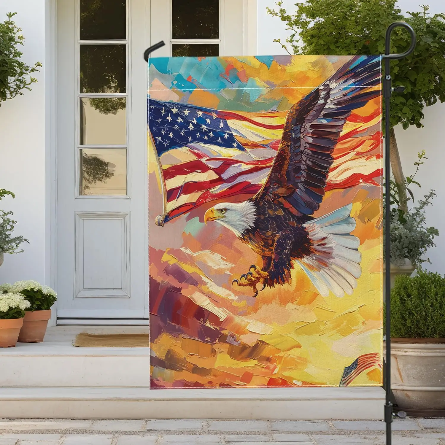 4 июля Садовый флаг Премиум Абстрактный восход солнца Пейзаж Летать лысый орлан