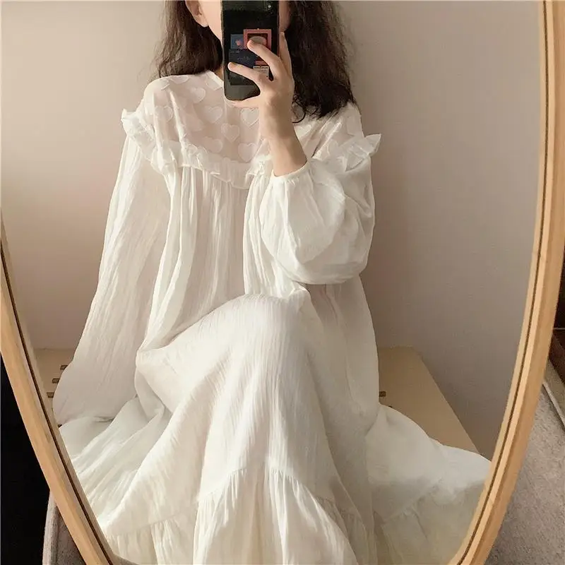 QWEEK Cotton Princess Dress Women White Long Nightie Spring Summer Sleepwear Heart Print Korean Style Breathable Soft Room Wear