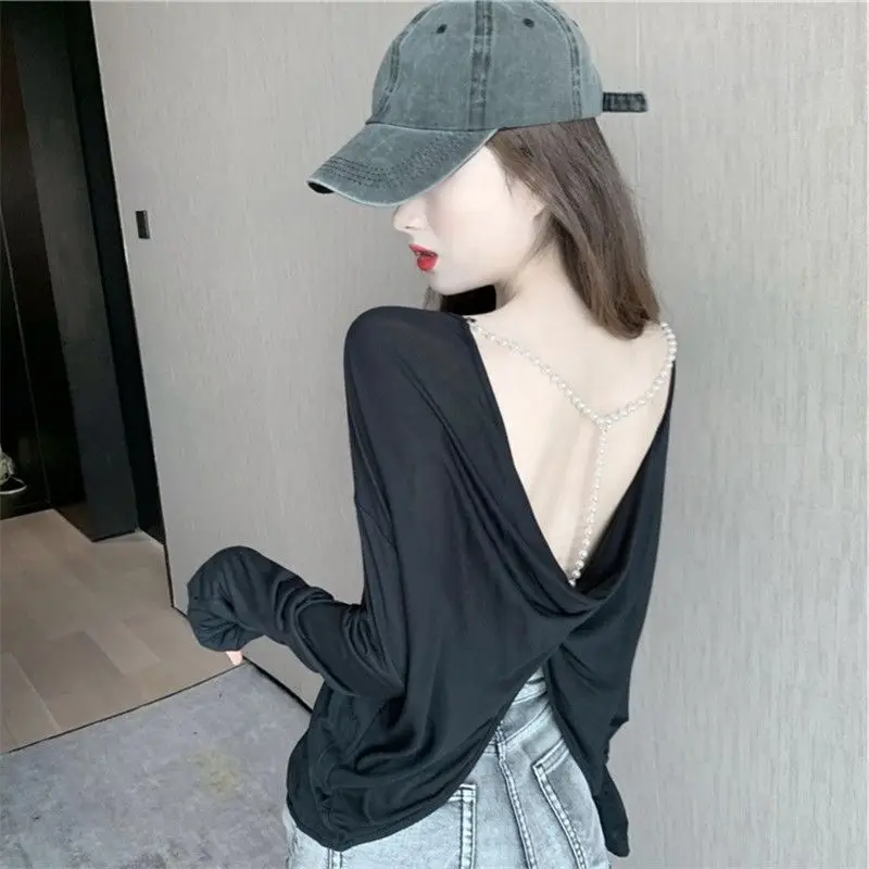 

2023 Plain Crop Kpop Tshirt Off Shoulder Clothing Backless White Top for Women Sexy Tee Black Woman T-shirt Tall Aesthetic Old O