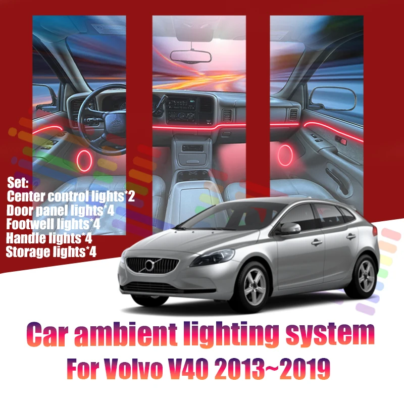 Фото Для Volvo V40 2013~2019: Светодиодные лампы для создания атмосферы в салоне, разноцветные неоновые полосы, 64 RGB-цвета, автозапчасти №1