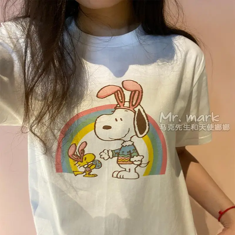 

White Snoopy Sweet Cute Rainbow Print Short Sleeve Xs-2Xl Size Kawaii Anime Cartoon Cotton T-Shirt for Girls Birthday Gifts