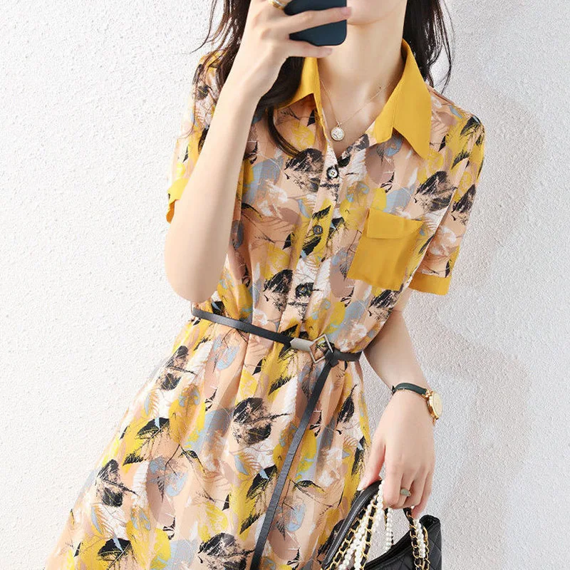 Элегантное модное платье с карманами и принтом в стиле пэчворк на пуговицах