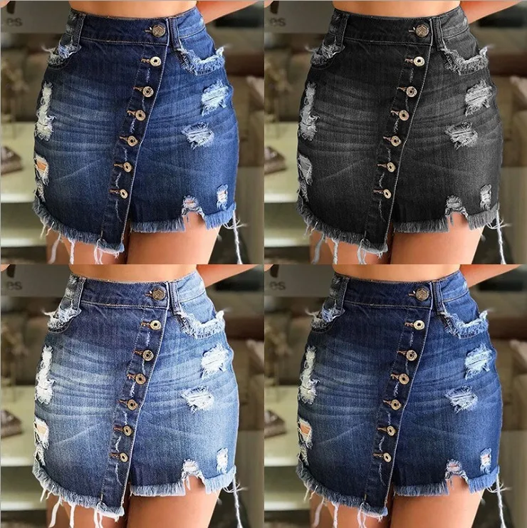 

Women's denim skirt 2022 women's temperament package hip skirt new style ripped tassel decoration high waist slim denim skirt