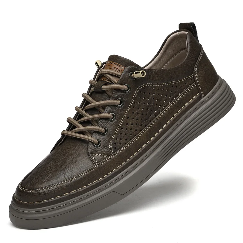 

Leather Men's Casual Board Shoes Hollow Breathable Lacing Up Retro Sapatos Casuais Masculinos Zapatos Planos Chaussure Homme