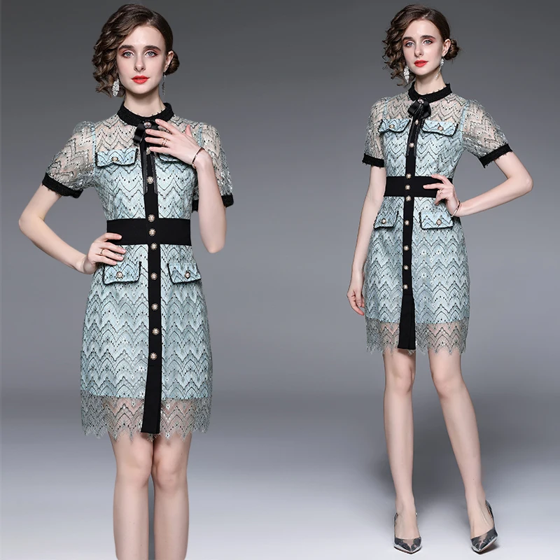 

Women's Summer New High-end Temperament Round Neck Short Sleeve Lace Waist Closing Single Row Nail Bead Stitching Fashion Dress