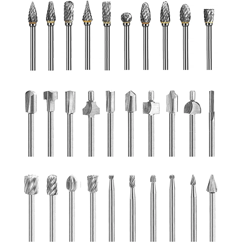 

10Pcs Tungsten Carbide Rotary Burr Set And 20Pcs HSS Router Bit Set 1/8Inch Shank For Woodworking Drilling Metal Carving