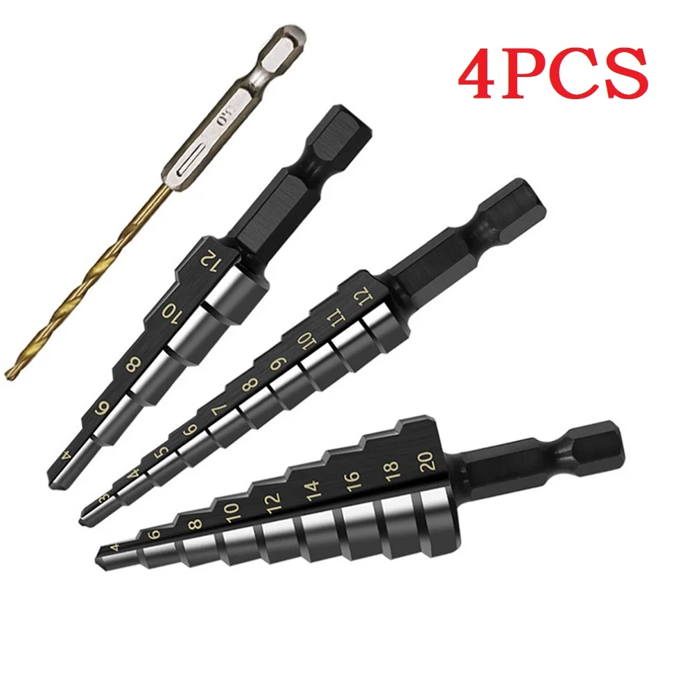 4pcs Straight Groove Step Drill Bit Nitrogen Coated Wood Metal Hole Cutter Core Drilling Tools 3-12mm 4-12mm 4-20mm Power Tools