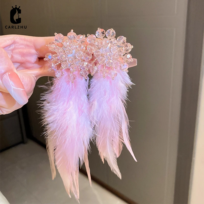 

Роскошные милые блестящие серьги-подвески с искусственными розовыми перьями для женщин, элегантные свадебные украшения для невесты и вечеринки, новинка 2022