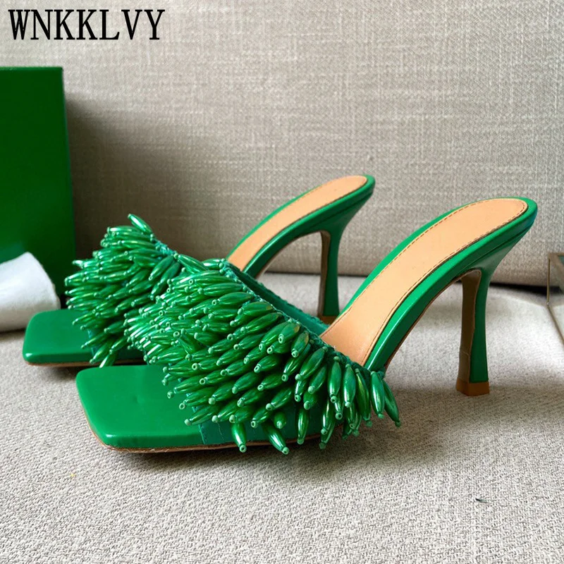 

Big Square Toe ear of wheat high heel Slippers Women Summer Runway sexy stilettos sandals Party banquet Dress Shoes 2022