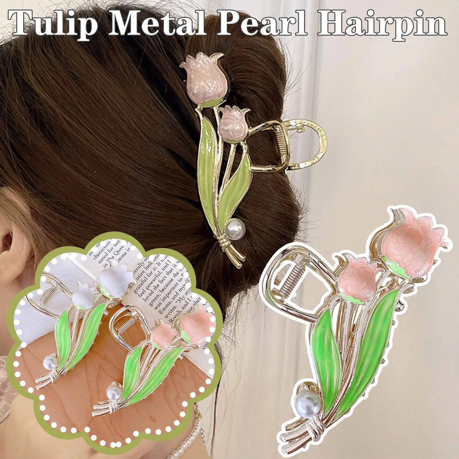 

2022 Fashion Lily Of The Valley Flower Tulip Metal Pearl Hairpin Girl Shape Ponytail Hair Claw Decoration Shark Clip Headgear