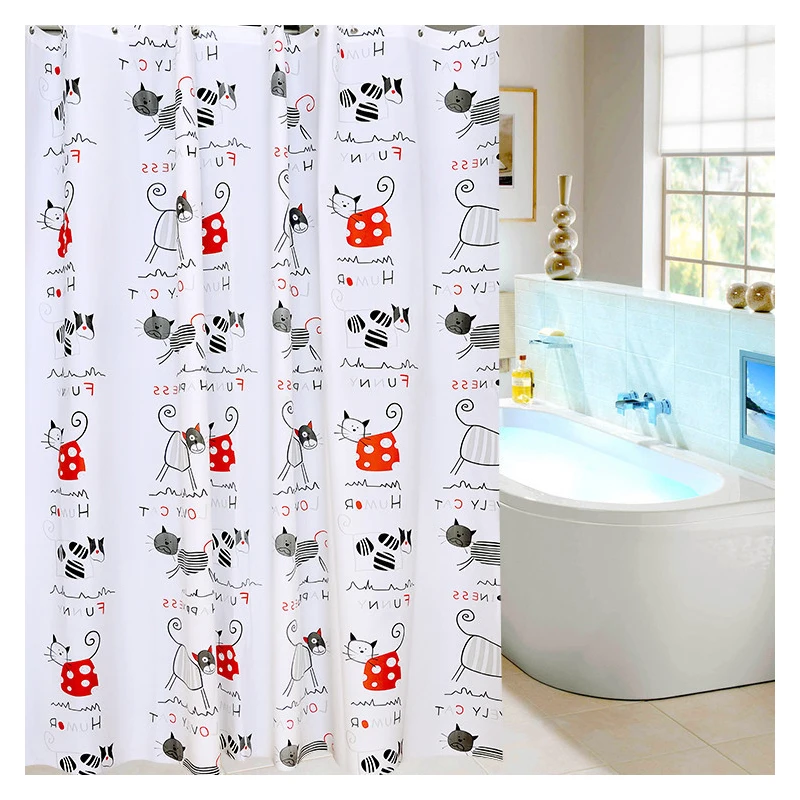 

Shower Curtain Polyester Cloth Waterproof Moldproof Cartoon White Cat Animal Bathroom Curtain 180x180cm/71x71'' W/ 12 Hooks C64