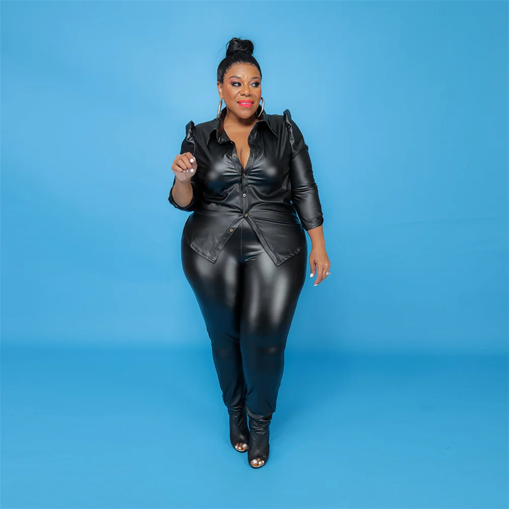 Plus Size Women Clothing Pu Two Pieces Sets Office Lay Long Sleeve Top Trousers Solid Fashion New Outfits Who 3xl 4xl 5xl 6xl