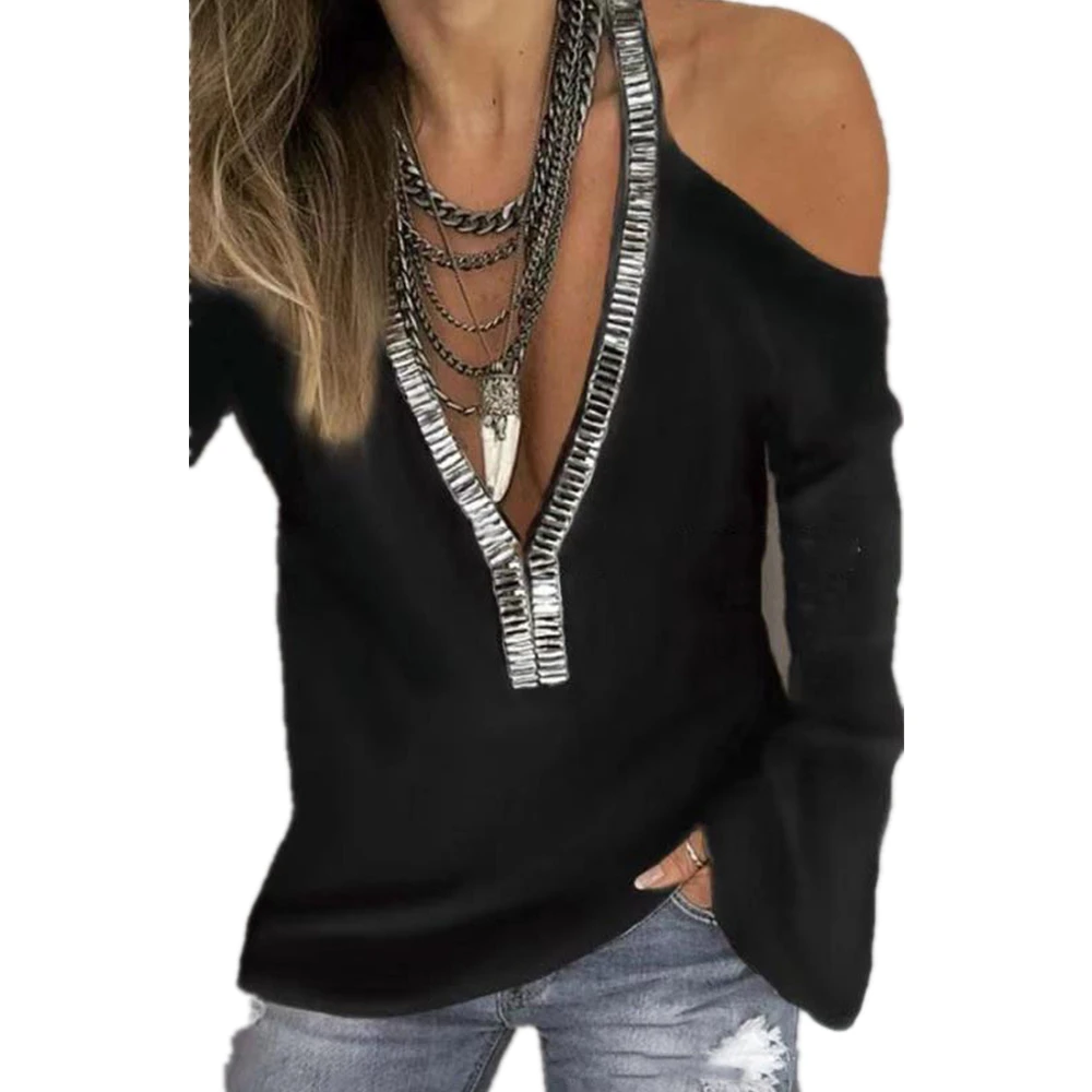 

Женская футболка с блестками, пикантные топы с открытыми плечами и длинным рукавом, уличная одежда, футболка с V-образным вырезом, модная Одн...