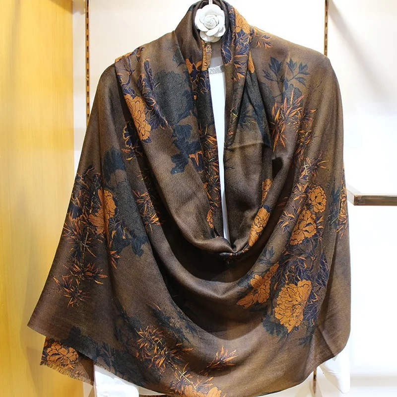 

Высококачественный Элегантный женский пион в китайском стиле изысканный принт качественный 300 отсчетов кашемировый край для бороды Тонкий теплый длинный шарф шаль