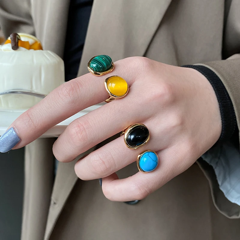 

S925 sterling silver yellow-green U-shaped ring malachite black onyx irregular oval luxury color retro women's jewelry