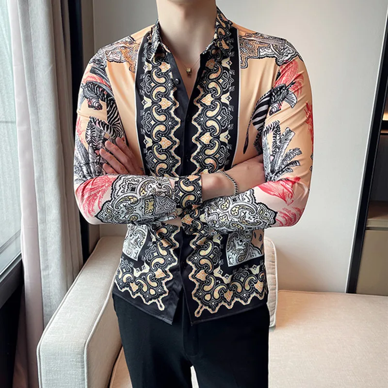 

Men's Luxury Slim Fit Striped Shirts Vintage Printed Social Dress Shirt Korean Style England Long Sleeve Lapel Collared Shirt