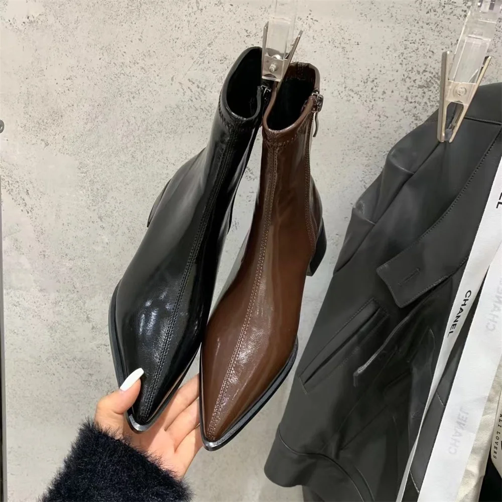 

Sexy Women Ankle Boots Pointed Toe Black Brown Beige Flat Low Heels Side Zipper Short Plush Sole Fashion Dress Shoes Back Zip