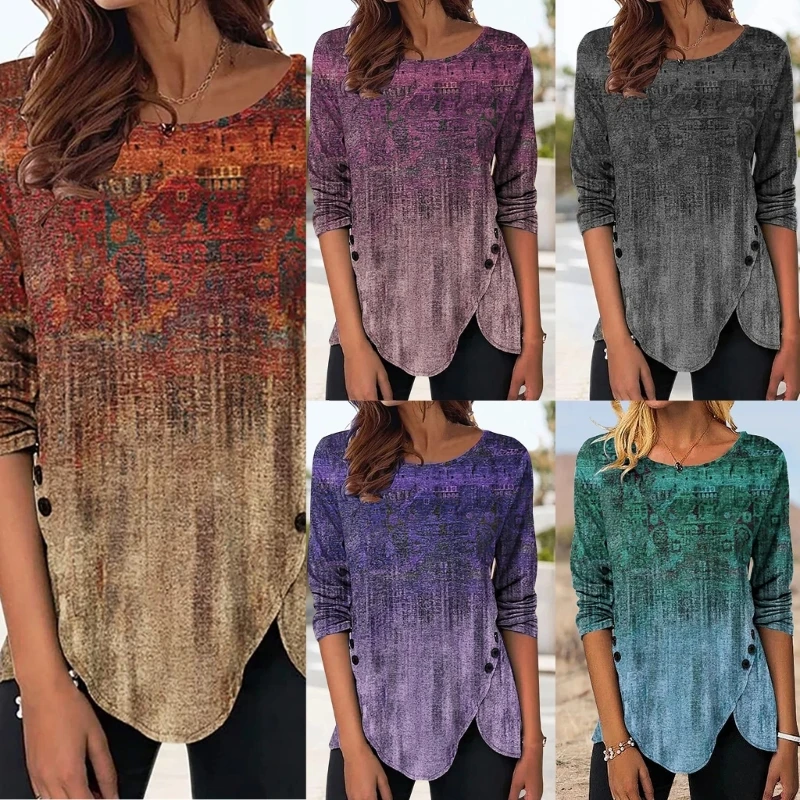 

Women Fall Casual Loose Button Side Split Asymmetrical T-Shirts Long Sleeve Vintage Geometric Printed Tunic Top Blouses
