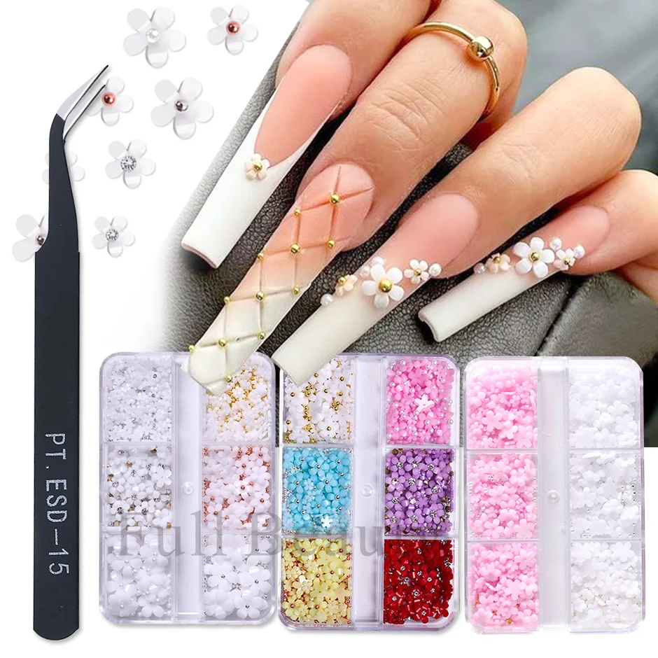 

4 шт 3D акриловые цветочные украшения для ногтей с пинцетом DIY Цветочные амулеты смешанные стальные бусины часть для профессионального аксес...