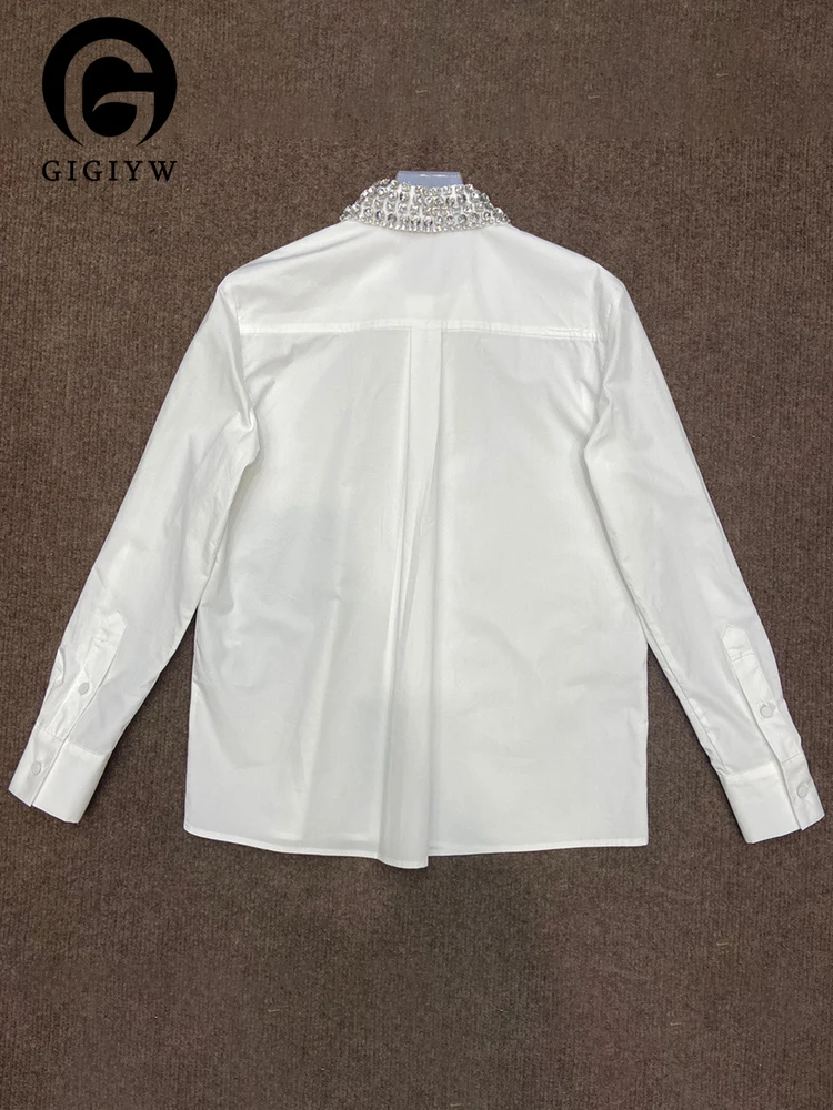 

GIGIYW Spliced Diamond Shirts Women Lapel Long Sleeve Summer Casual Blouse Female Fashion Style Clothing
