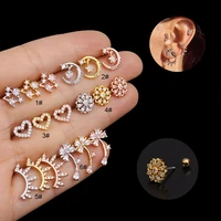 3pcs stainless steel piercing geometric stud earrings 20g zircon flower helix tragus cartilage ear bone nail wholesale jewelry