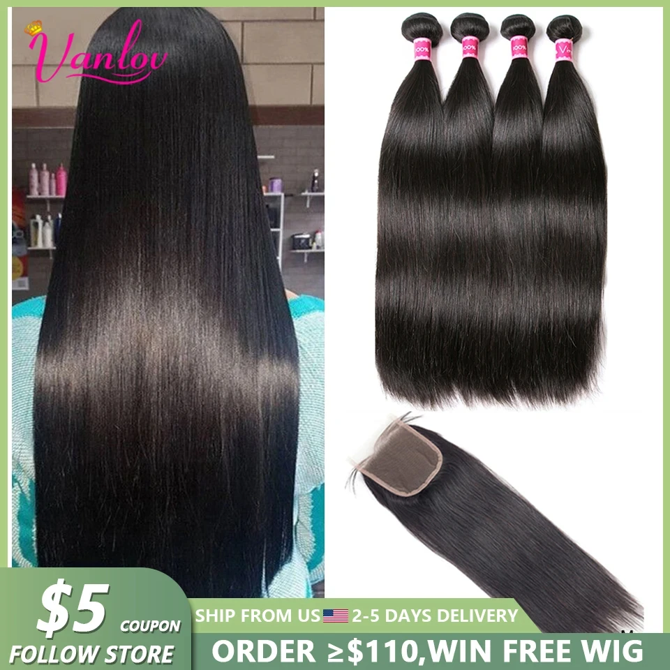 Vanlov 3 Bundles With Closure Peruvian Straight Hair Natural Color Human Hair Weave Bundles With Closure Remy Natural Jet Black