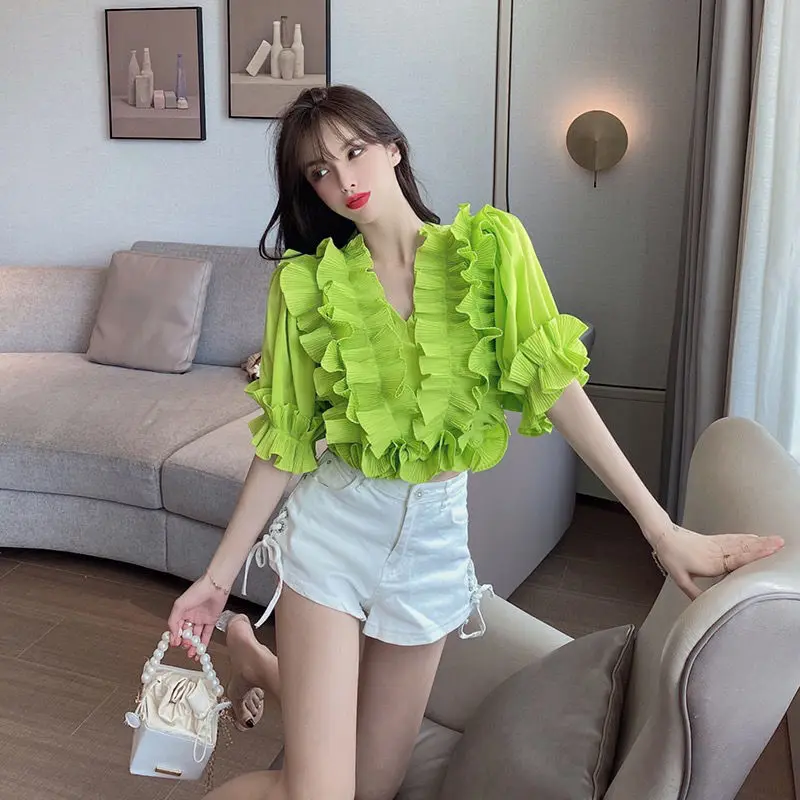 

Элегантные модные шифоновые рубашки с оборками в стиле пэчворк с коротким рукавом женская одежда Летний пуловер однотонная Повседневная Б...