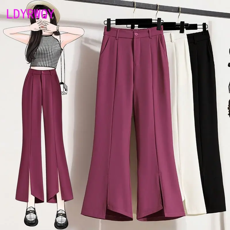 Loose drape slightly flared high-waisted suit pants, women's thin irregular split to show thin cropped pants