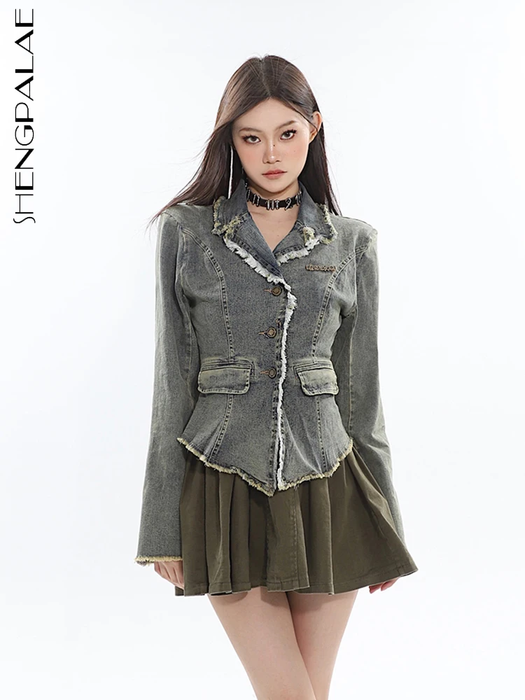 

SHENGPALAE Fashion Women's Denim Coat Tassel Lapel Single Breasted Long Sleeve Patchwork Short Jacket Autumn 2023 New 5R4465