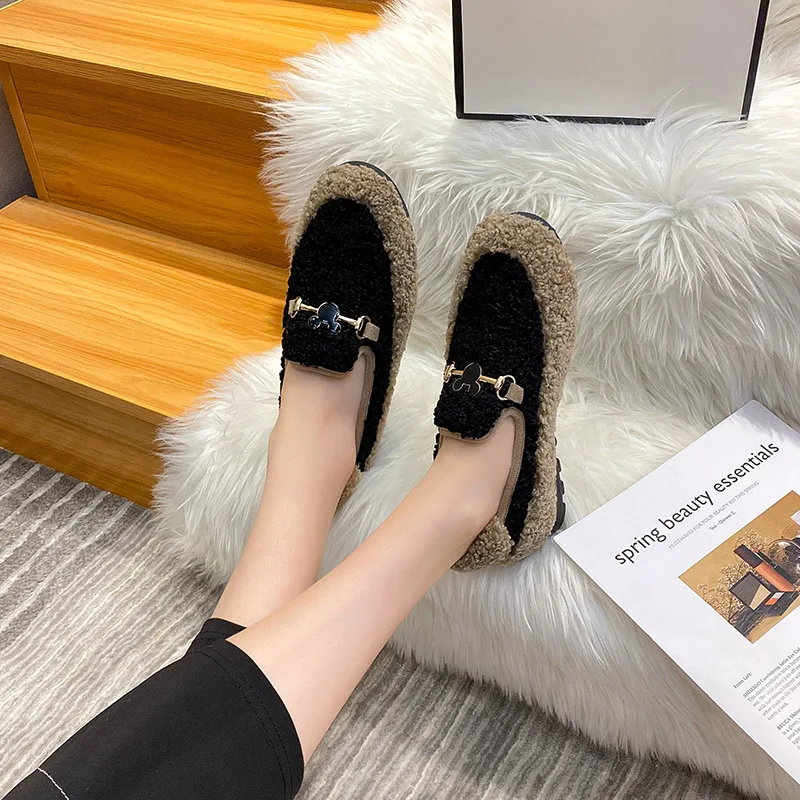 Sheep Fur Flats Women Loafers Warm Woolen Mocasines Femmes Winter Furry Boots Ladies Lambswool Shoes