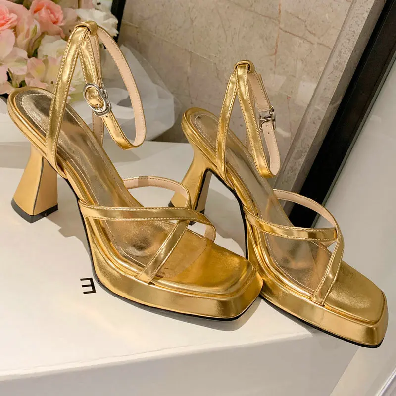 

Genuine Cow Leather Gold Silver Color Evening Party Wedding Heels Woman Shoes Open Toe Cross-strap Sexy Platform Heel Sandals