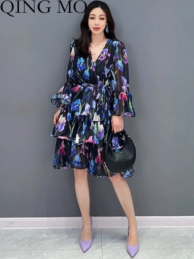 QING MO 2023 Summer New Korean V-neck Waistband Colorful Dress Women Slim Fashion Black Floral Dress ZXF3033
