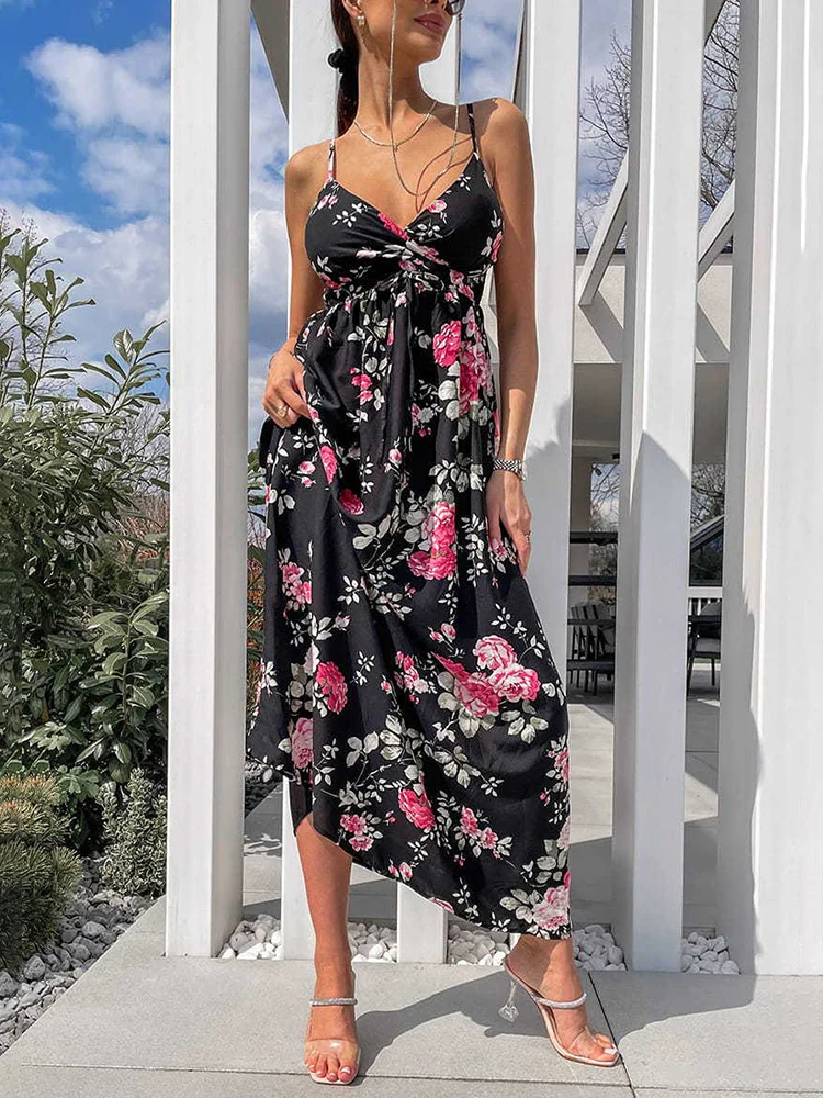 

Sexy Deep V-neck Spaghetti Strap Sundress Women 2022 Summer Bohemian High Waist Draw String Floral Maxi Dress Vestido Elegante