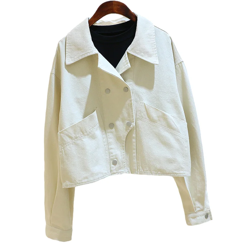 

Женская джинсовая куртка с большими карманами, бежевая двубортная ковбойская куртка с воротником-костюмом, свободная короткая джинсовая к...