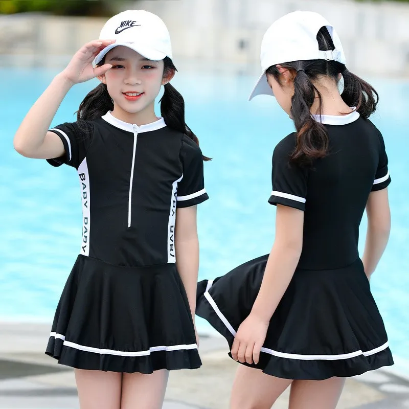 

Girls Swimsuit One-piece Swimwear Children UPF50+Solid Baby Short Sleeve Kids Toddler Infant Beach Bathing Suits 5-9Yrs