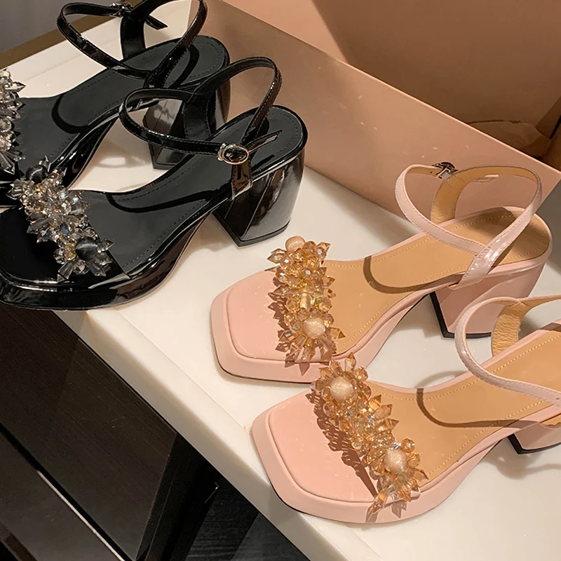 

Rhinestone Crystal Pink Beaded Flowers One Word Buckle Sandals Women's Shoes 2022 Summer New High Heels