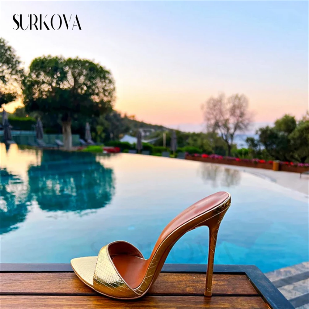 Pointed Toe Gold Foil Snake Pattern High-Heeled Slippers for Women Leather Ladies Sandals Party Dress Stilettos Feminine Shoes
