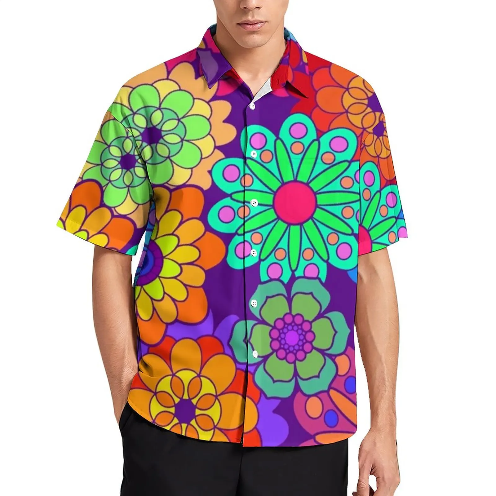 

Ретро хиппи цветы пляжная рубашка цветок Мощность печати Гавайские повседневные рубашки для мужчин уличный стиль блузки с коротким рукаво...