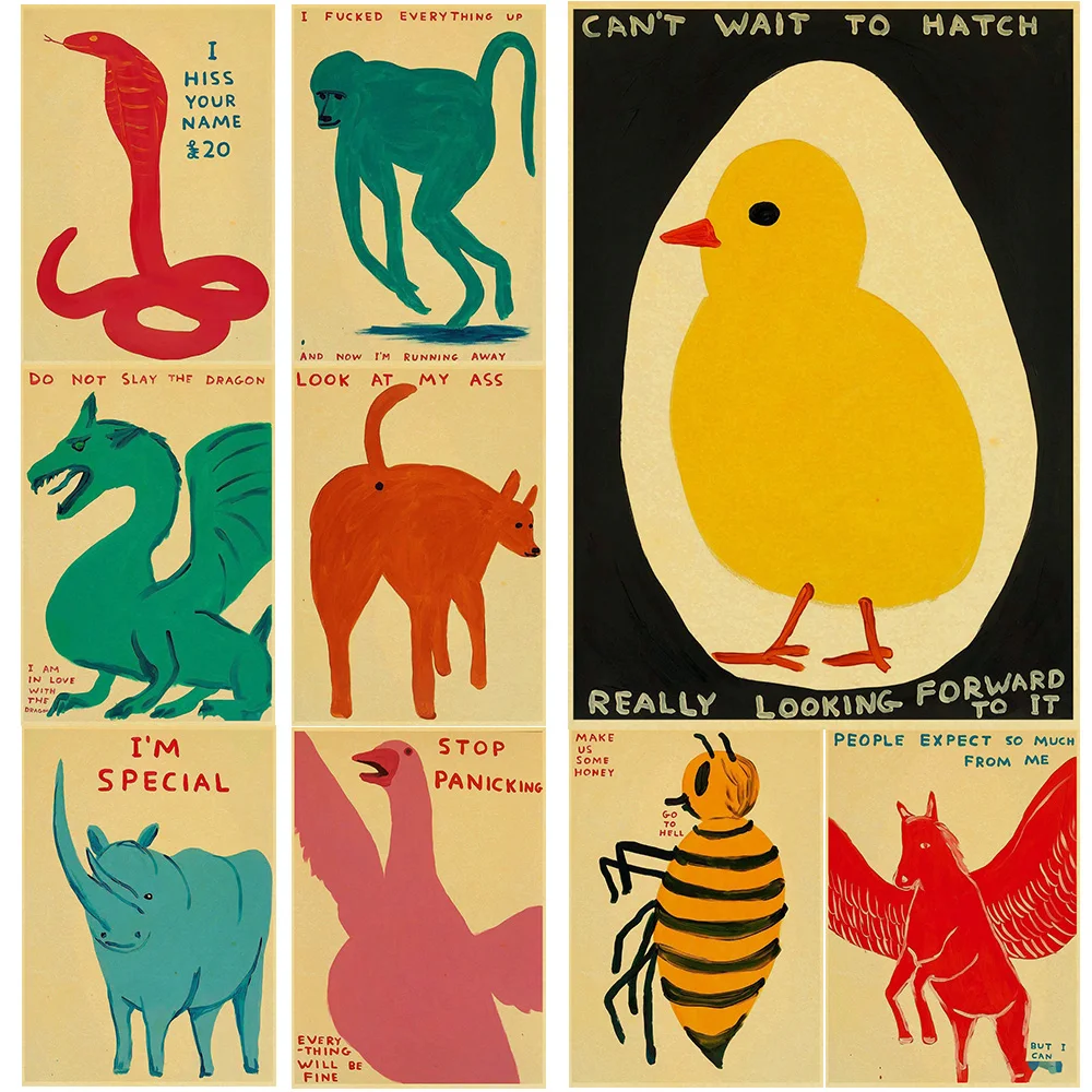 

David Shrigley Poster Animal Posters Kraft Paper Prints Wall Sticker Nostalgia Paper Cafe Living Room Poster Bedroom Painting