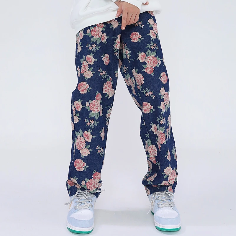 Harajuku Full Rose Print Ripped Jeans Men and Women Vibe Style Streetwear Oversized Loose Denim Trousers Straight Jean Pants