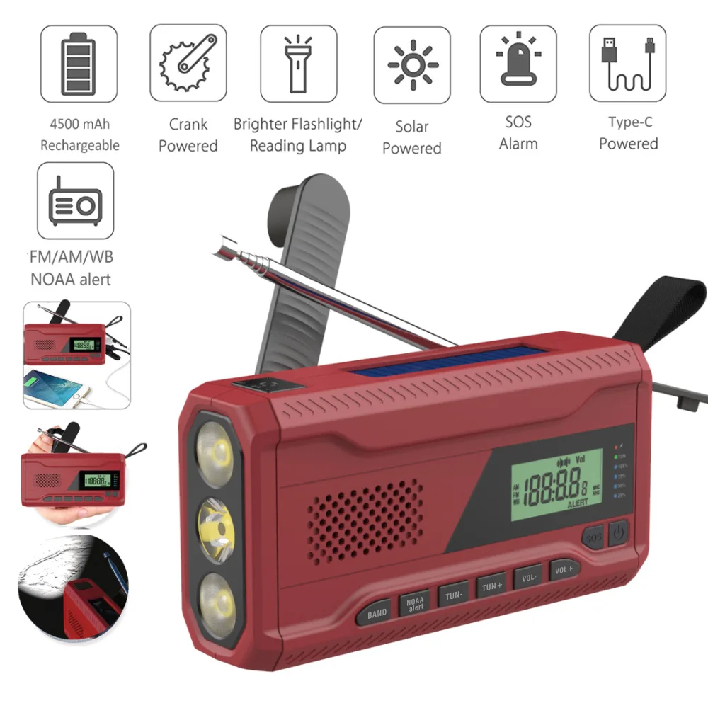 

FM Radio Portable AM FM NOAA Emergency Radio Receiver Solar Powered Hand Crank Dynamo Radio 4500mAh Power Bank with Flashlight