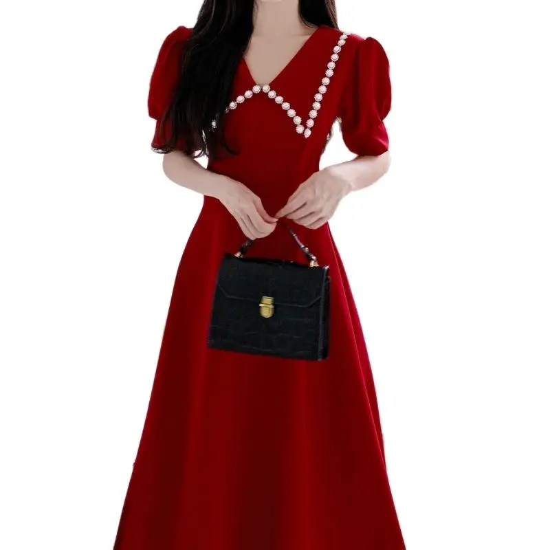 

Женское длинное платье средней длины, Бордовое платье с коротким рукавом для гостей, элегантное платье для свадьбы и выпускного вечера, лето 2023