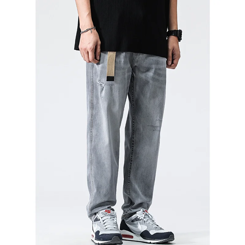 Streetwear Men Vintage Loose Smoky Grey Jeans 2022 Autumn and Winter New Style Pattern Fashion Straight Cylinder Trousers Female