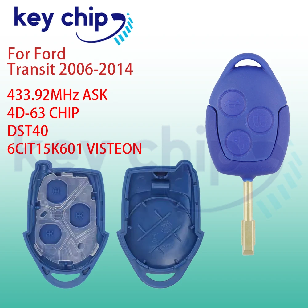 Фото Синий пульт дистанционного управления для Ford Transit 2006-2014 433.92MHz ASK 4D-63 CHIP DST40 6CIT15K601 VISTEON №1