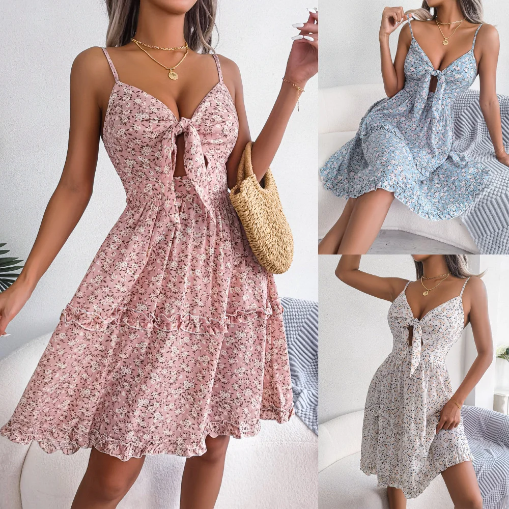 

EvaQueen Spring and Summer Broken Flower Bow V-neck Wood Ear Big Swing Dress Holiday Suspender Skirt Women's Dress