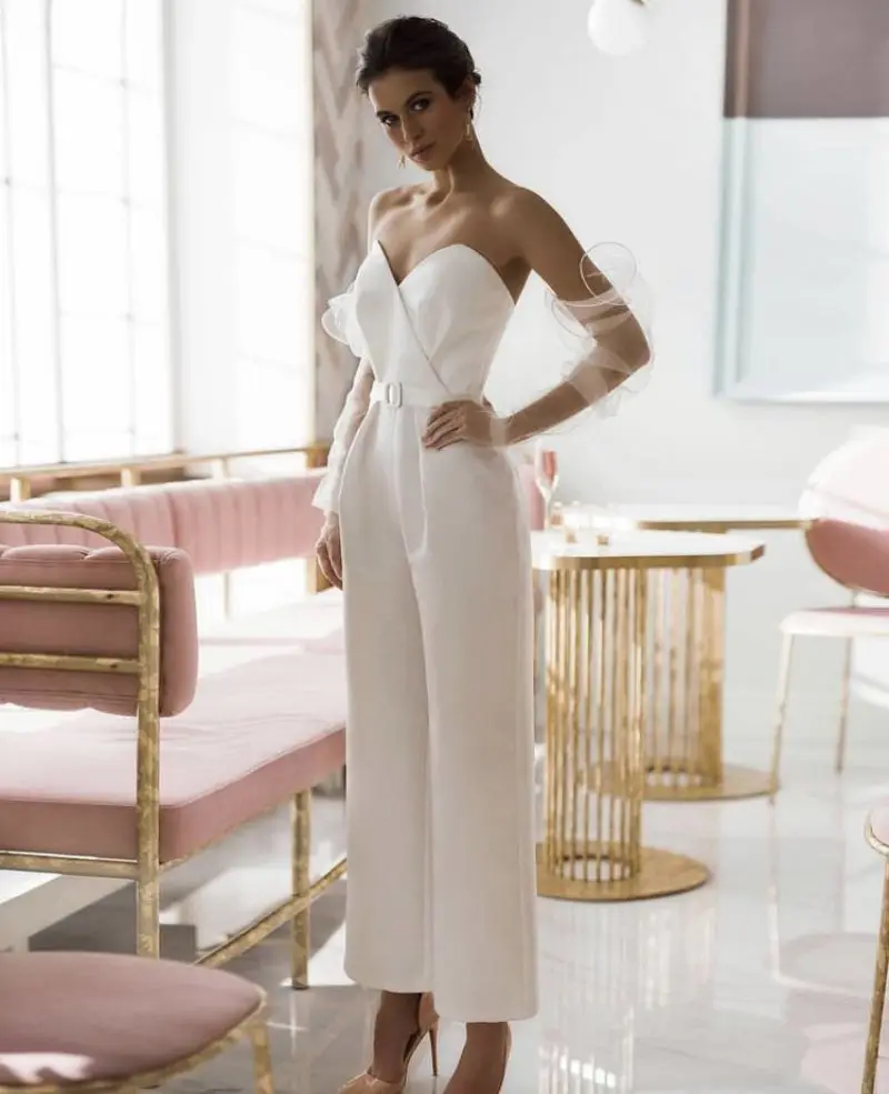 

White Party Jumpsuit Elegant Woemn Sexy Gauze Sleeve Strapless Solid Jumpsuit Womens One Piece Outfit 2022 Ladies Club Rompers